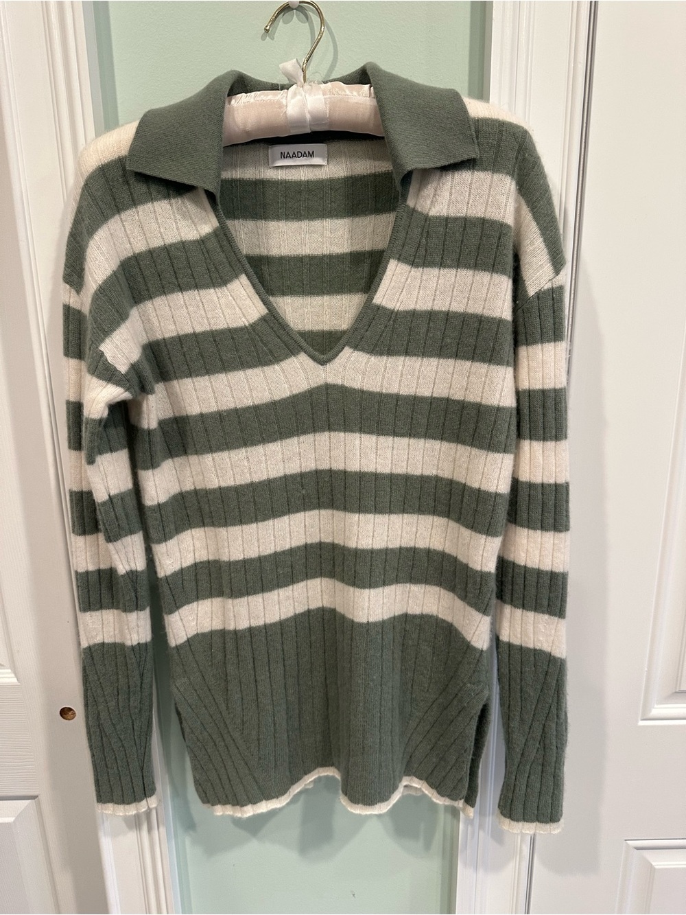NAADAM Olive & Cream Striped V‑Neck Polo Sweater